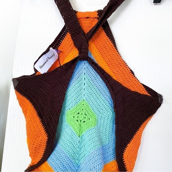 House Of Sunny Top Old Town Handkerchief Knit Halter Open-Back Retro Multi 8 GUC - Picture 6 of 11